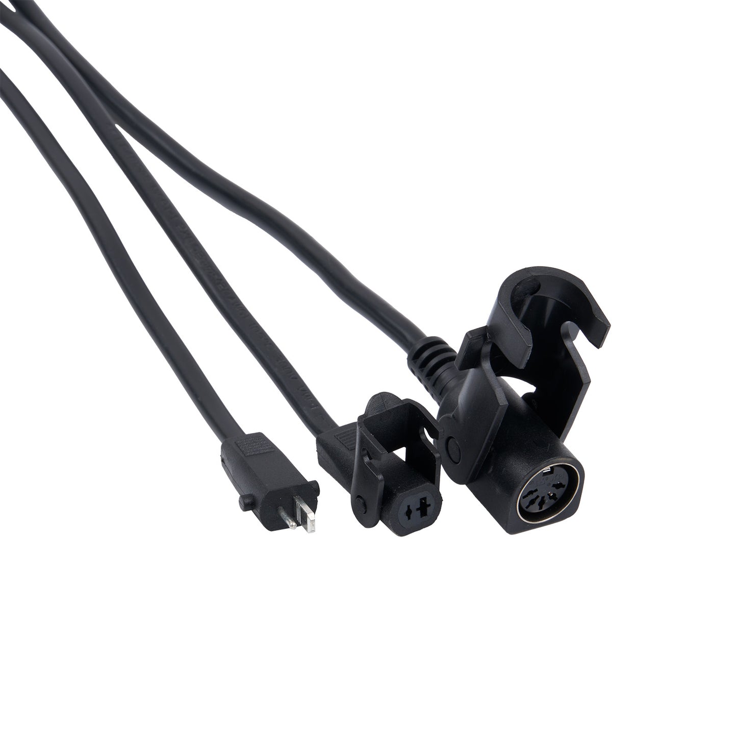 Black electrical cables with connectors on a white background