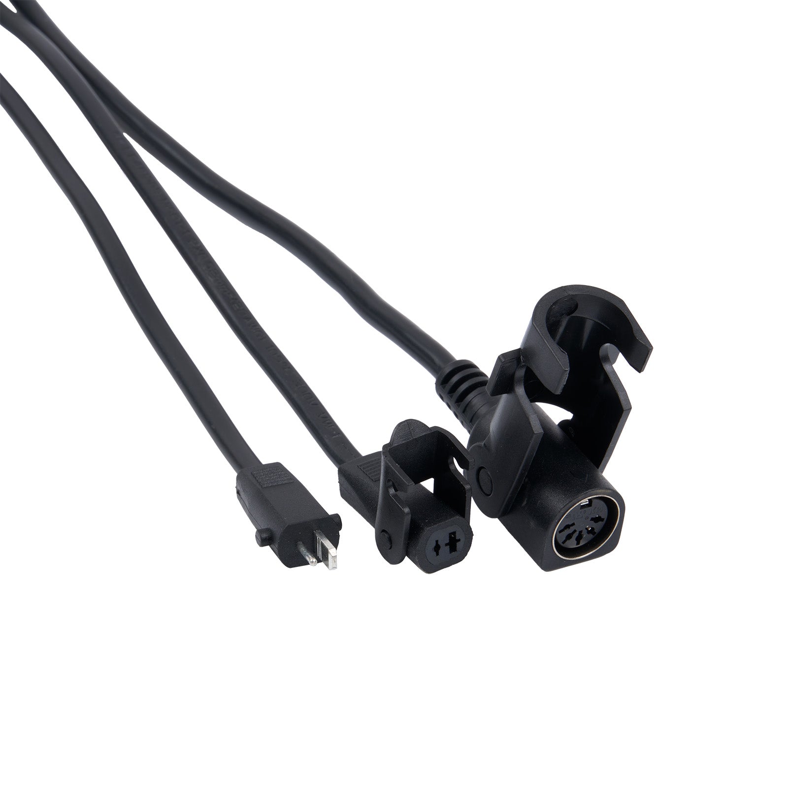 Black electrical cables with connectors on a white background