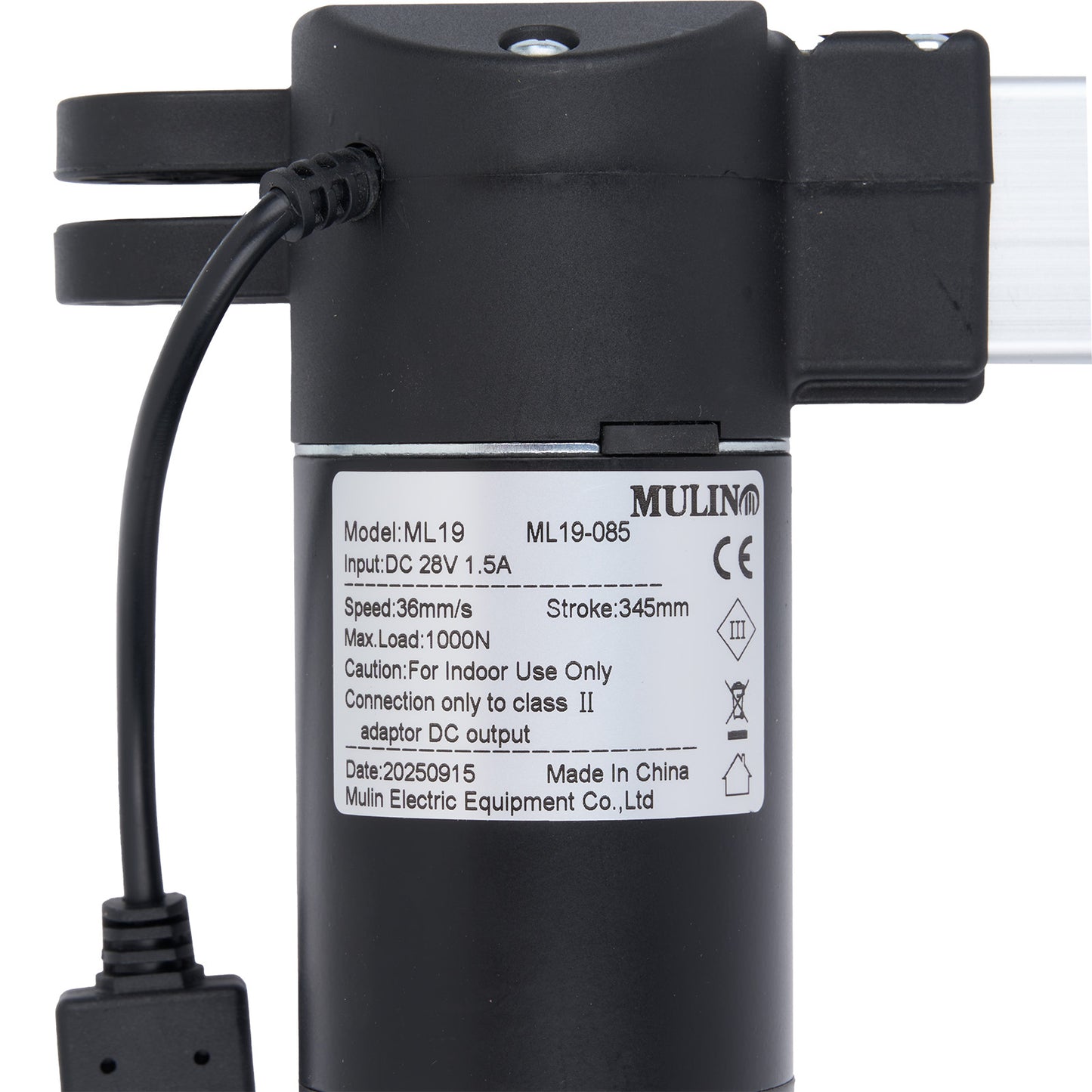 Black electric actuator with label on a white background
