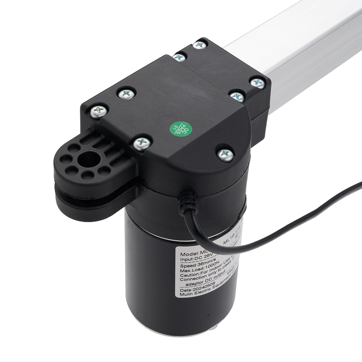 Black electric linear actuator with visible branding on a white background