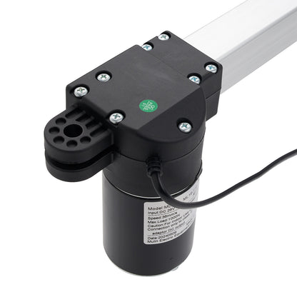 Black electric linear actuator with visible branding on a white background