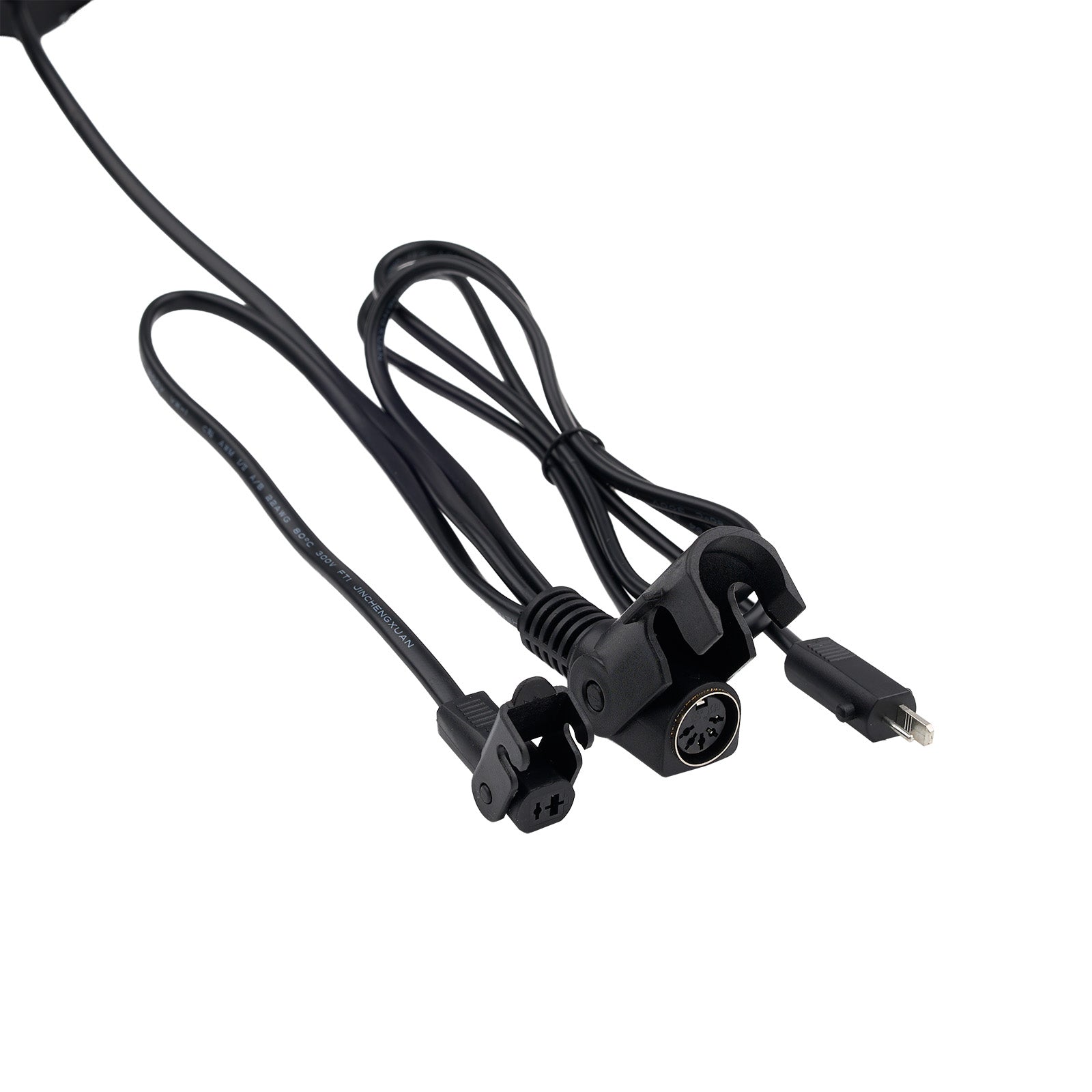 Black audio cable with connectors on a white background