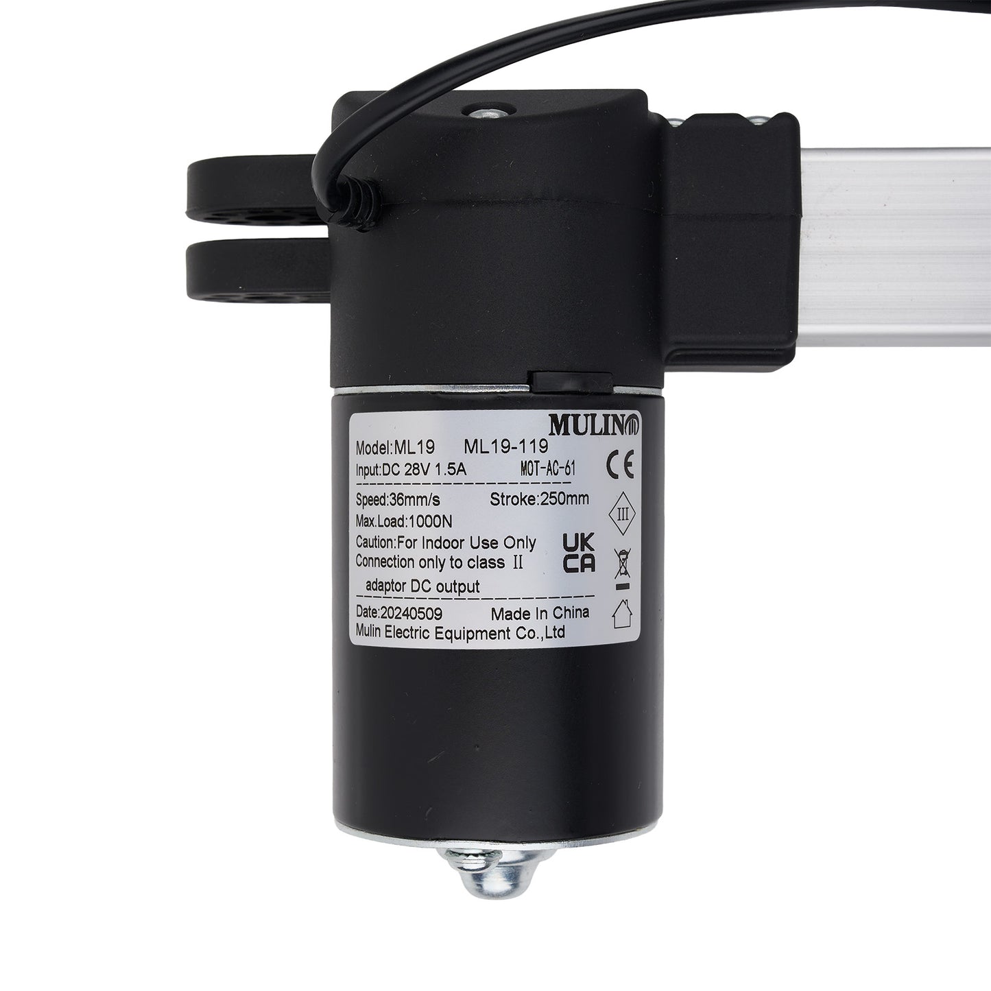 Black actuator with label on a white background