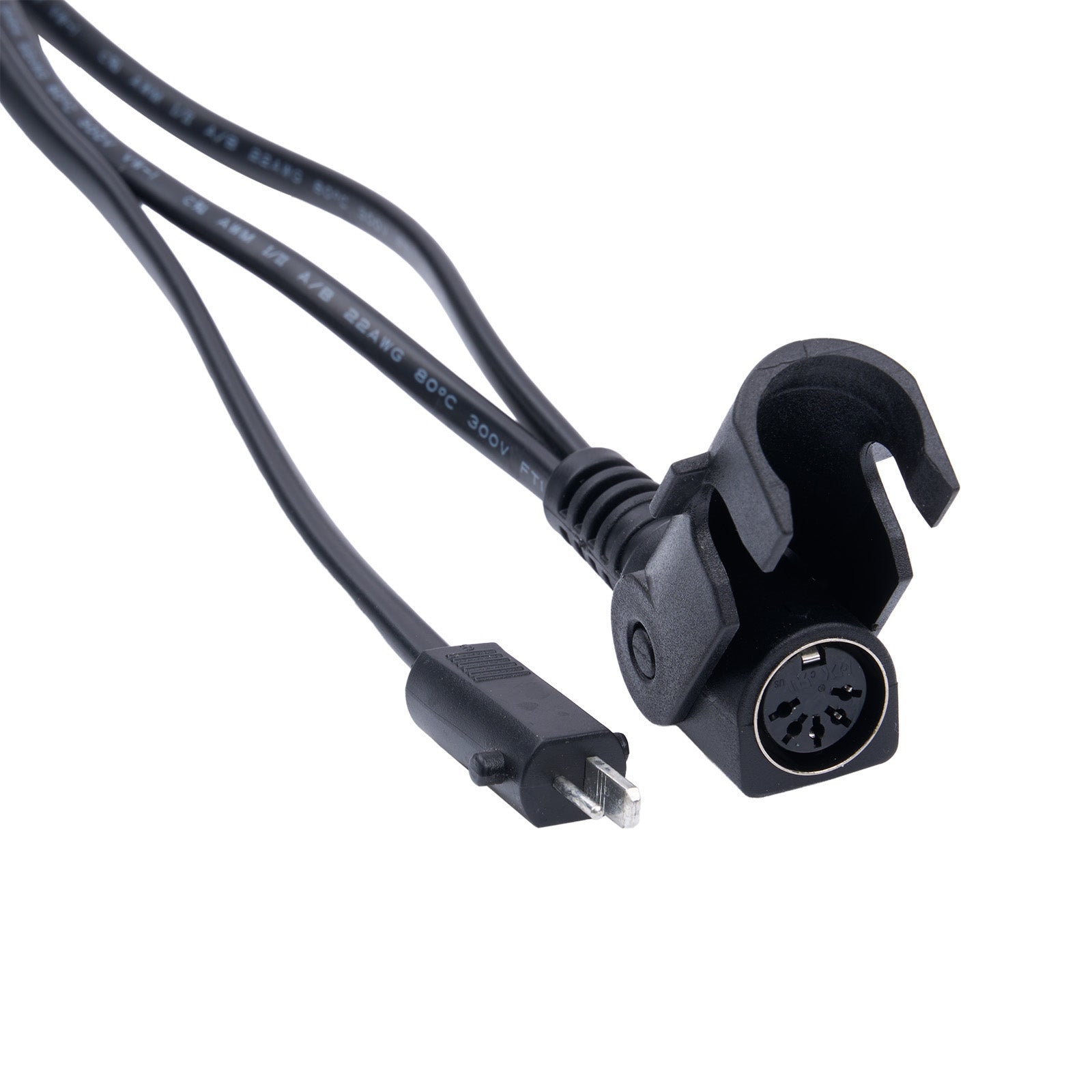 Black electrical cable with plug and connector on a white background