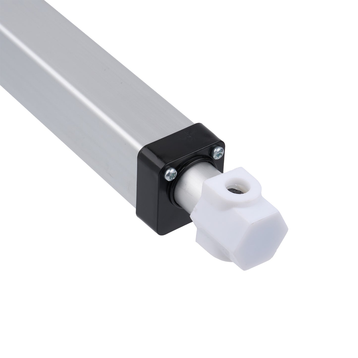 Close-up of a white cylindrical object with a black and white connector on a white background