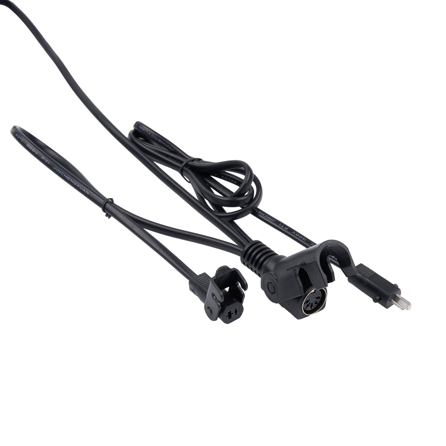 Black cable with connectors on a white background
