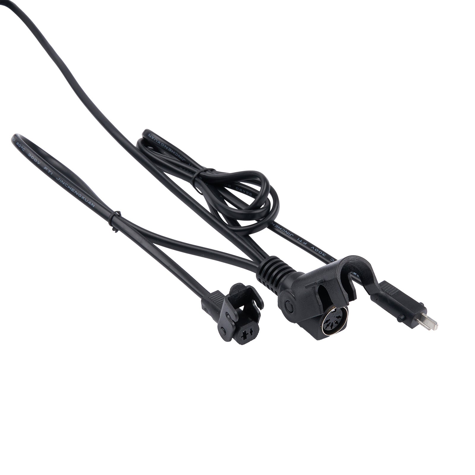 Black cable with connectors on a white background