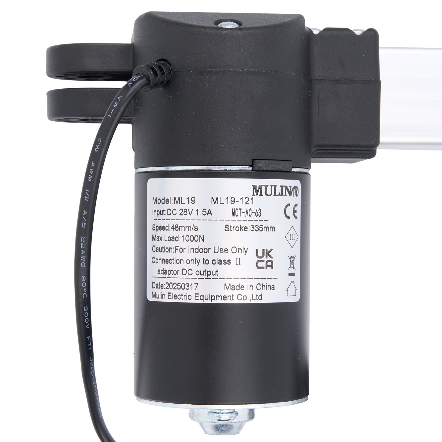 Black electric actuator with label on a white background