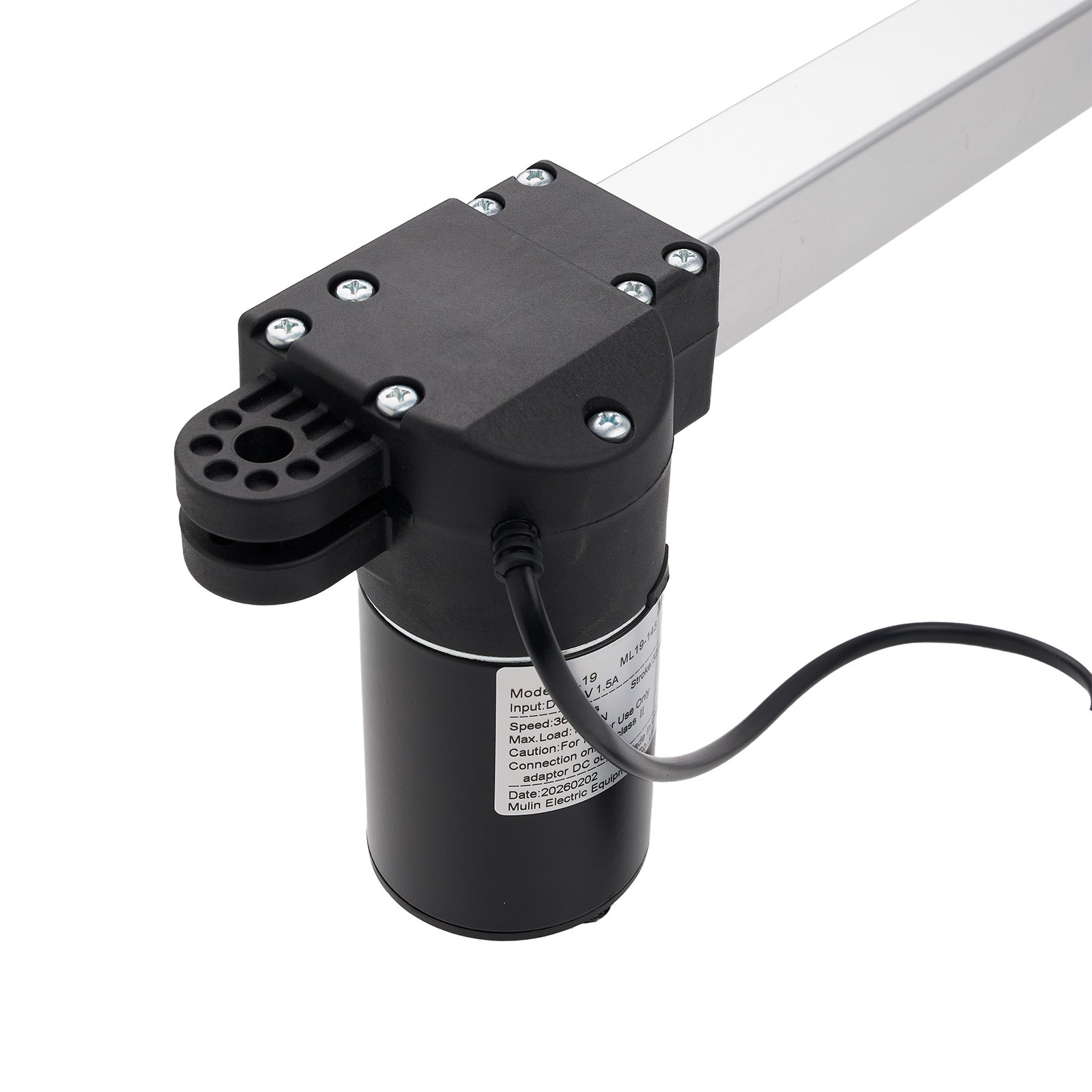 Black actuator with cable on a white background