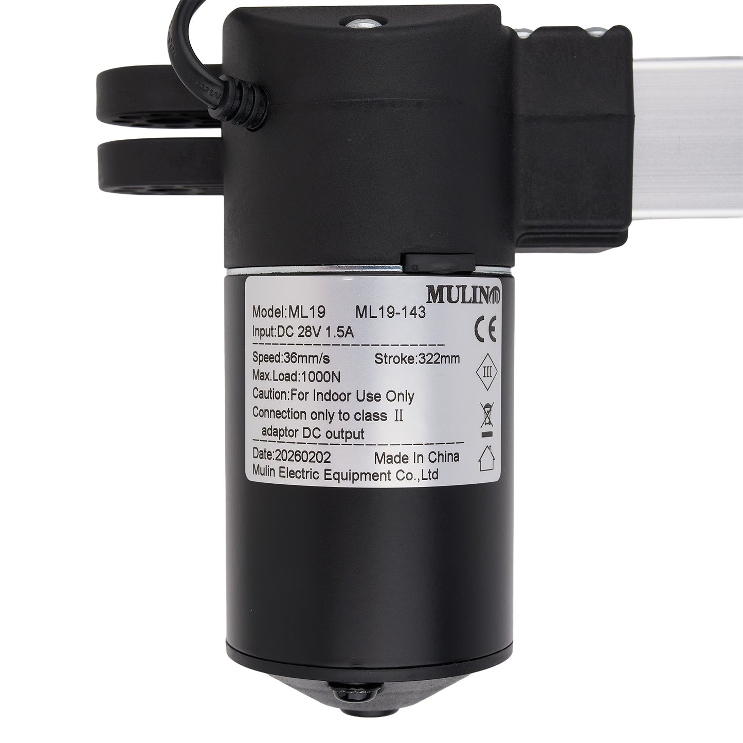 Black actuator with label on a white background