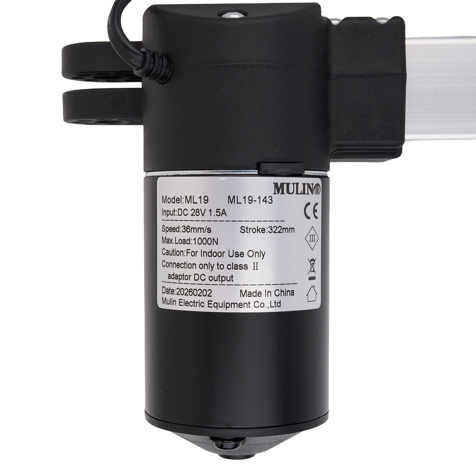 Black actuator with label on a white background