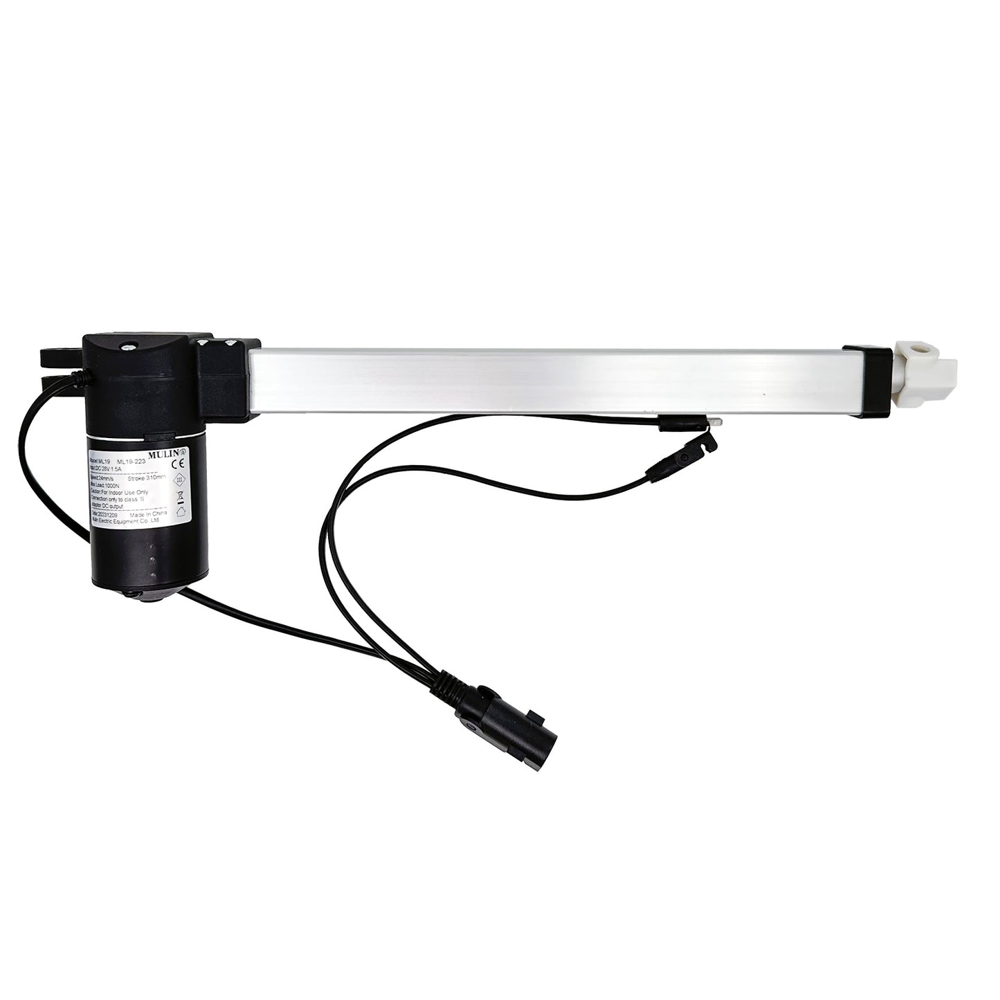 A MULIN ML19-223 linear actuator, typically used for powering recliner or lift chairs, with visible cables and connectors. The actuator is primarily black with some silver elements and cables.