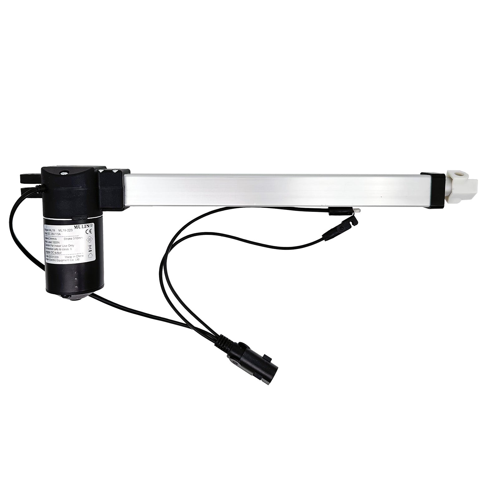 A MULIN ML19-223 linear actuator, typically used for powering recliner or lift chairs, with visible cables and connectors. The actuator is primarily black with some silver elements and cables.