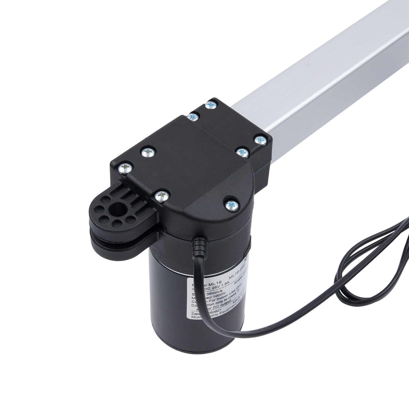 Black linear actuator with a white rod on a white background