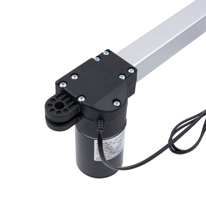 Black linear actuator with a white rod on a white background