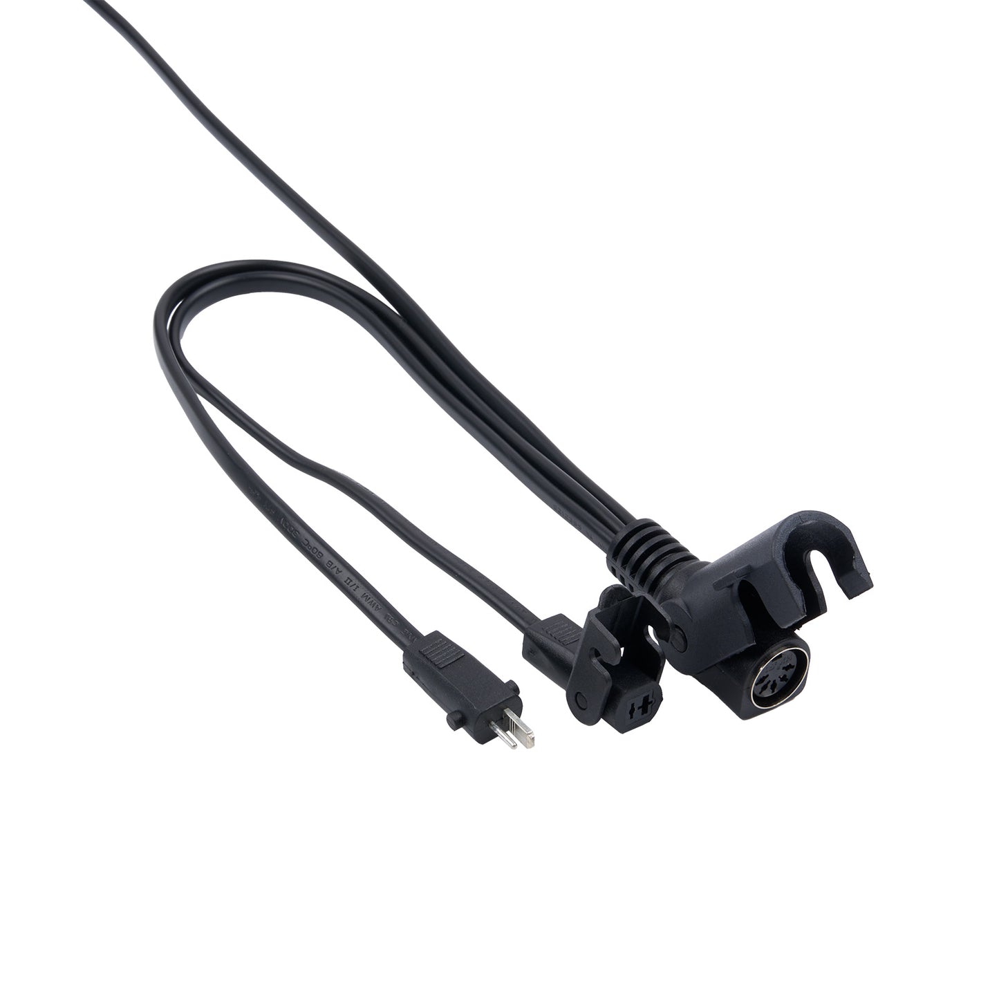 Black electrical cable with various connectors on a white background