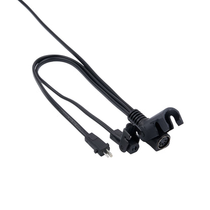 Black electrical cable with various connectors on a white background
