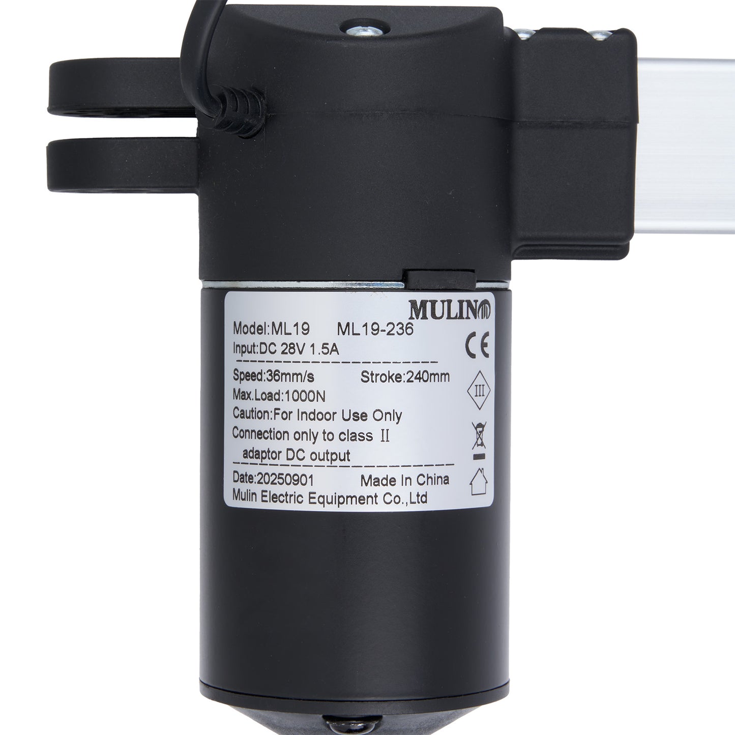 Black electric actuator with label on a white background