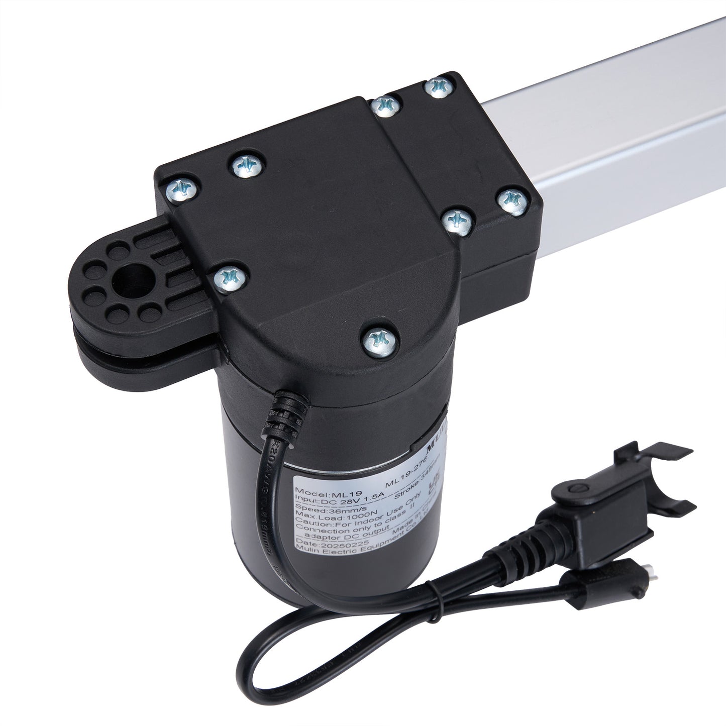 Electric actuator with power cord on a white background