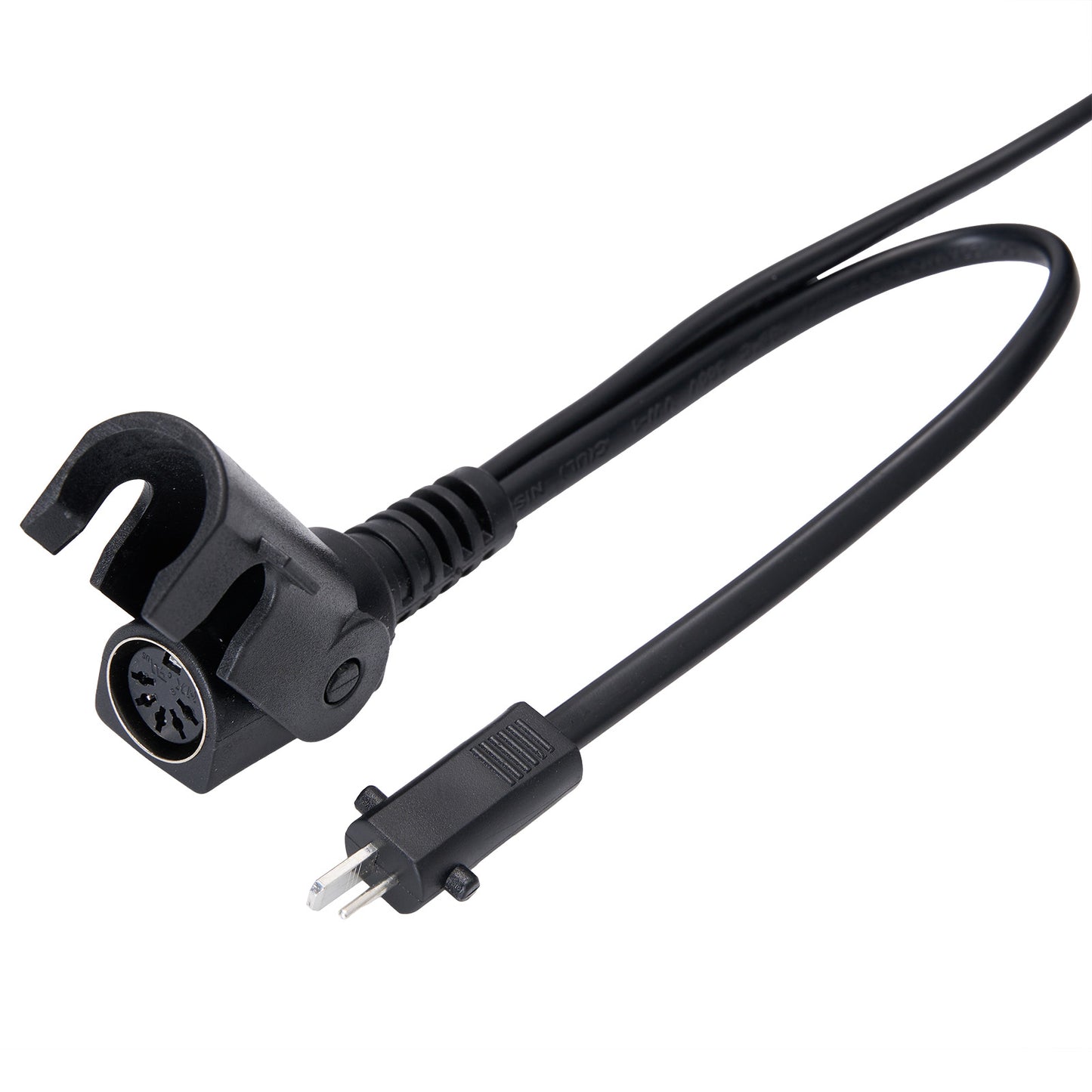 Black power cord with plug on a white background