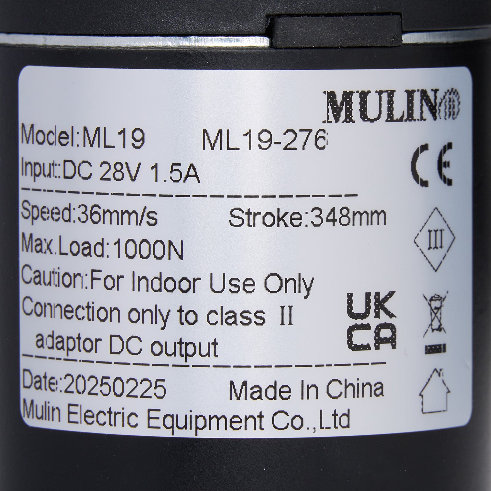 Technical label on a device with specifications and branding
