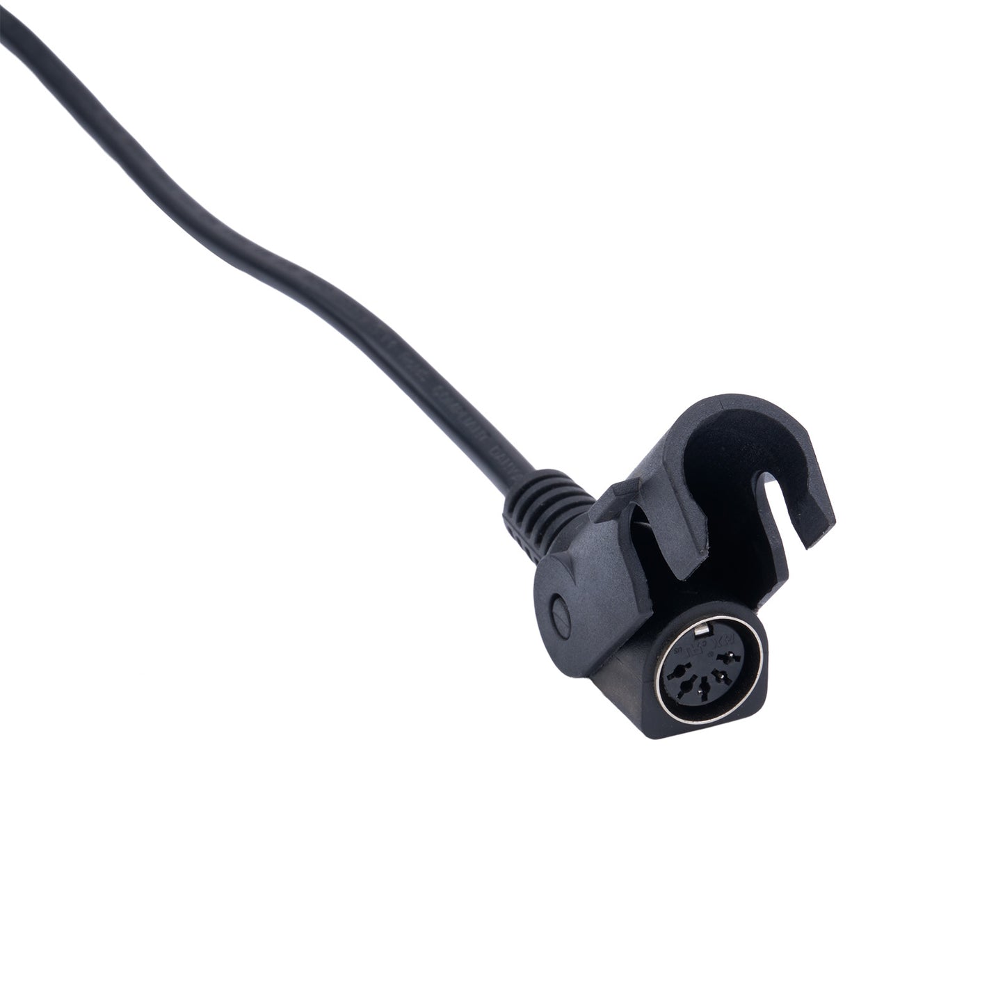 Black cable connector with a right-angle design on a white background