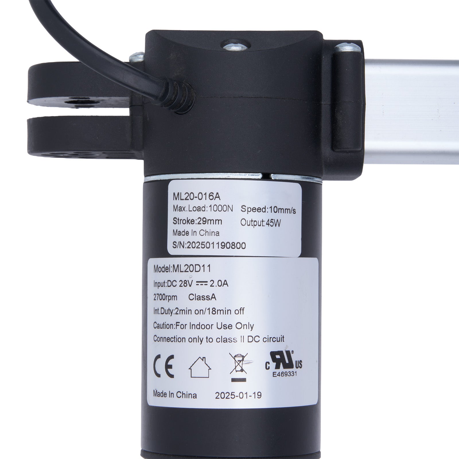 Mechanical component with labels and certification logos on a white background