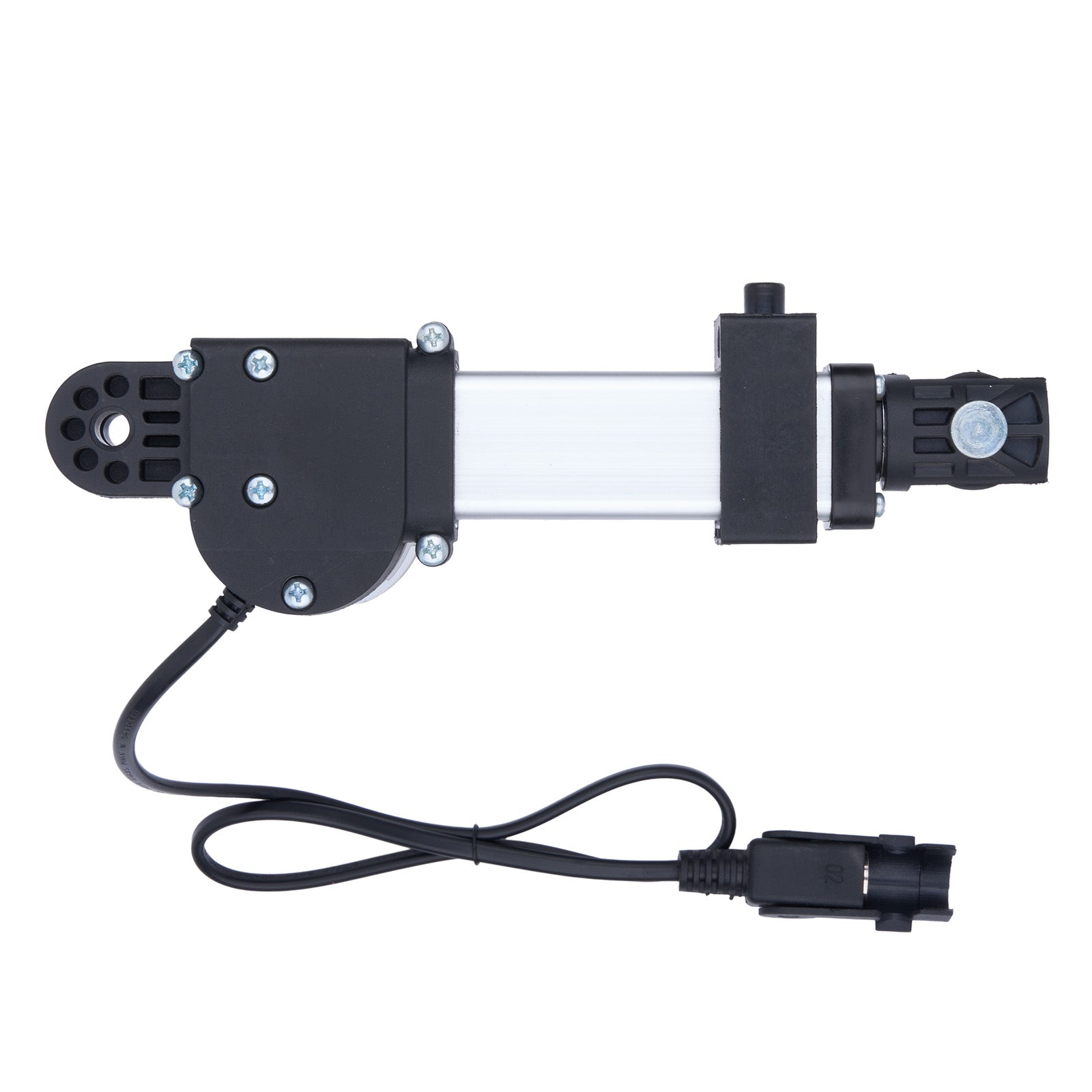 Mechanical device with black and silver components on a white background