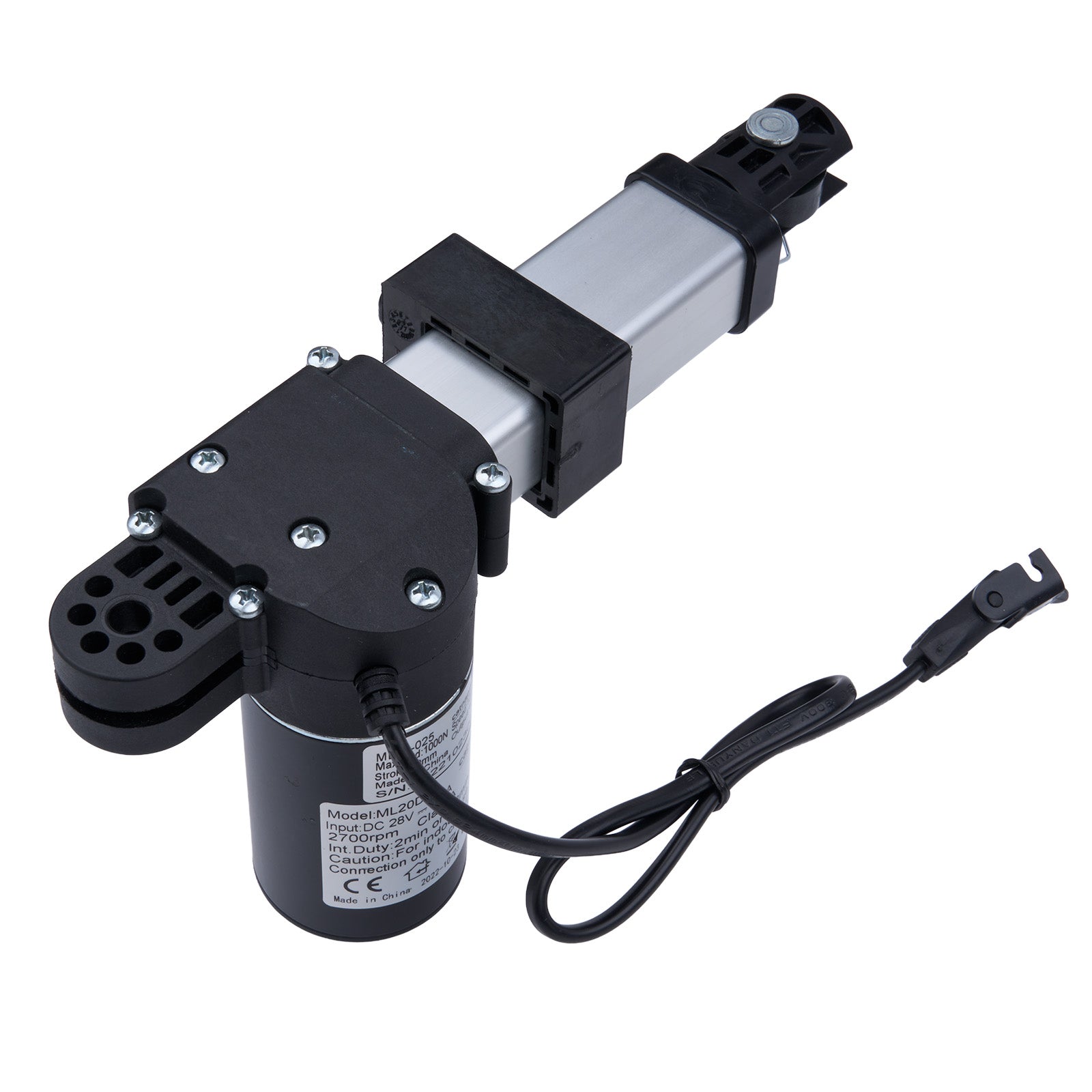 Mechanical actuator with black and gray components on a white background