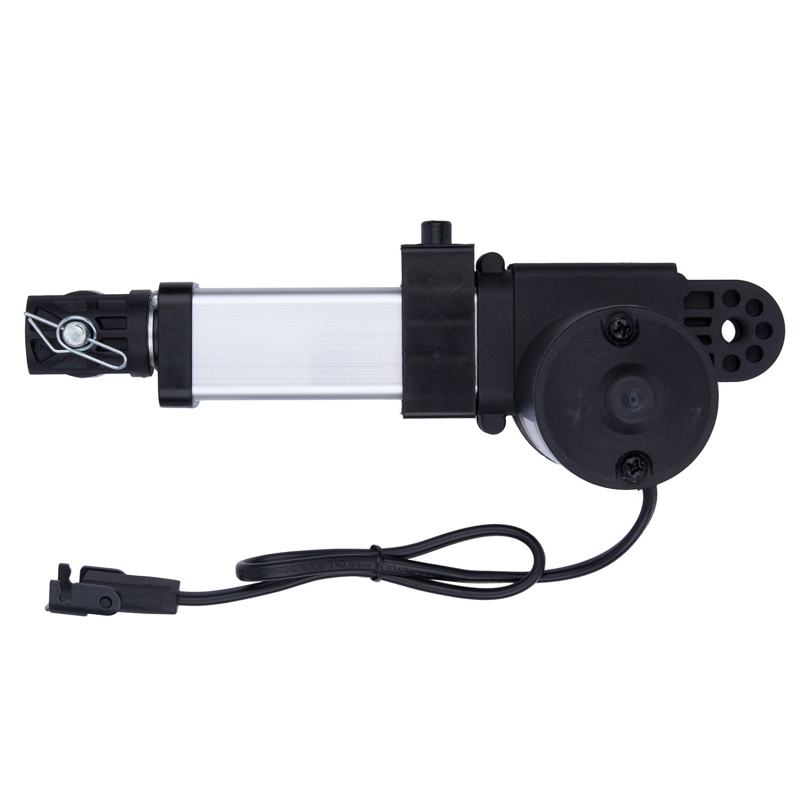 Black linear actuator with cable on a white background