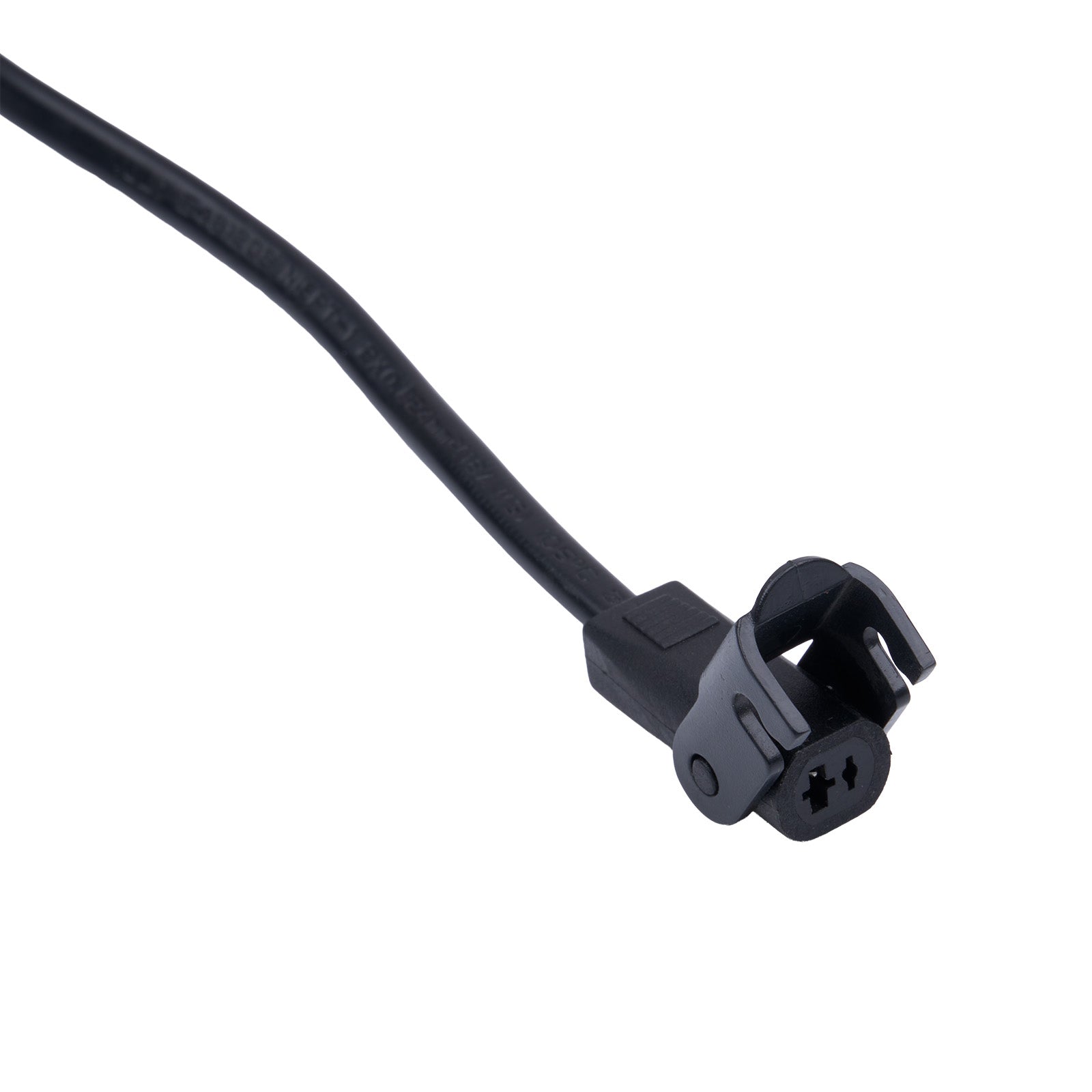 Black electrical cable with plug on a white background