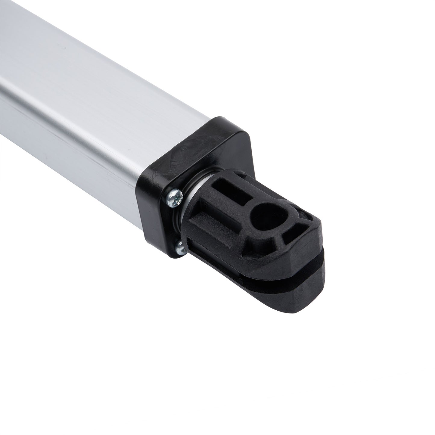 Close-up of a metal rod with a black connector on a white background