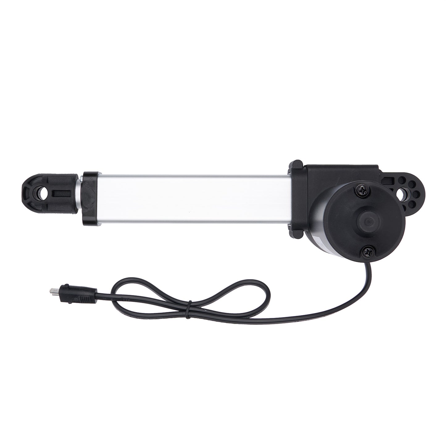 Black electric actuator with cable on a white background
