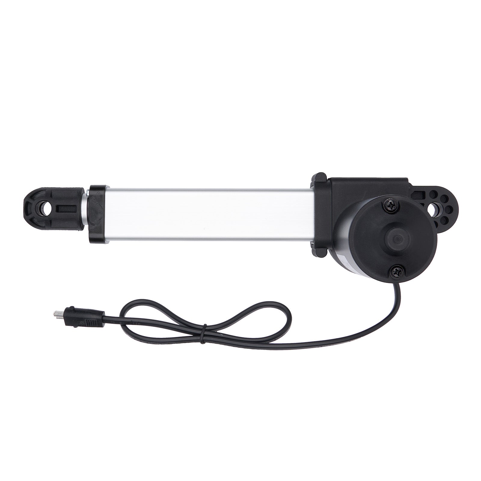 Black electric actuator with cable on a white background