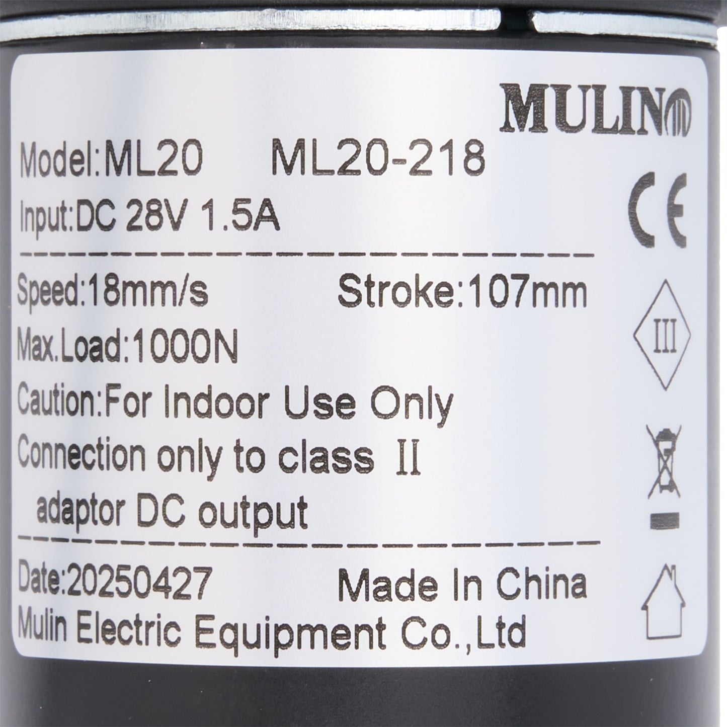 Technical label on a cylindrical device with specifications and branding.