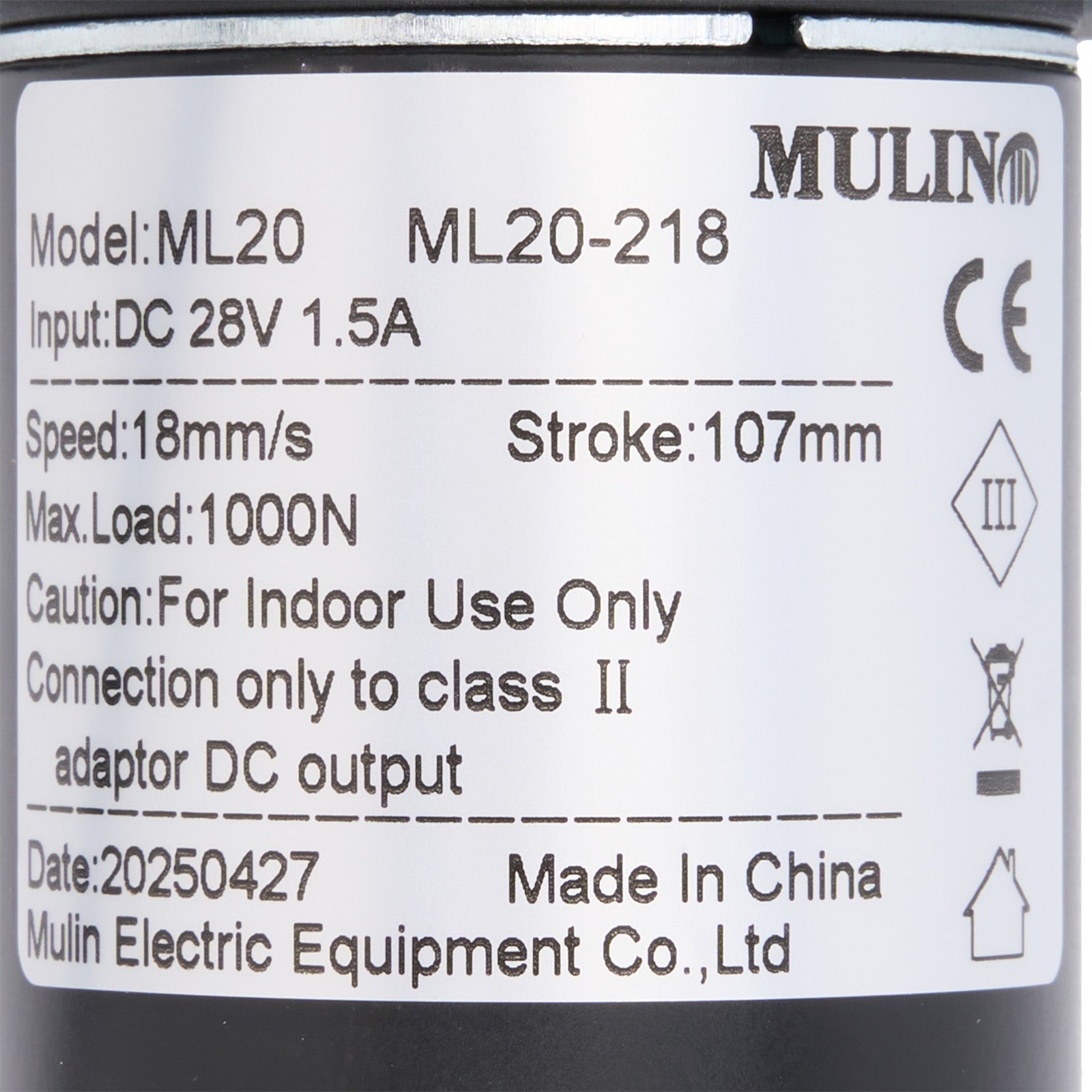 Technical label on a cylindrical device with specifications and branding.