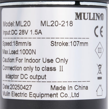 Technical label on a cylindrical device with specifications and branding.
