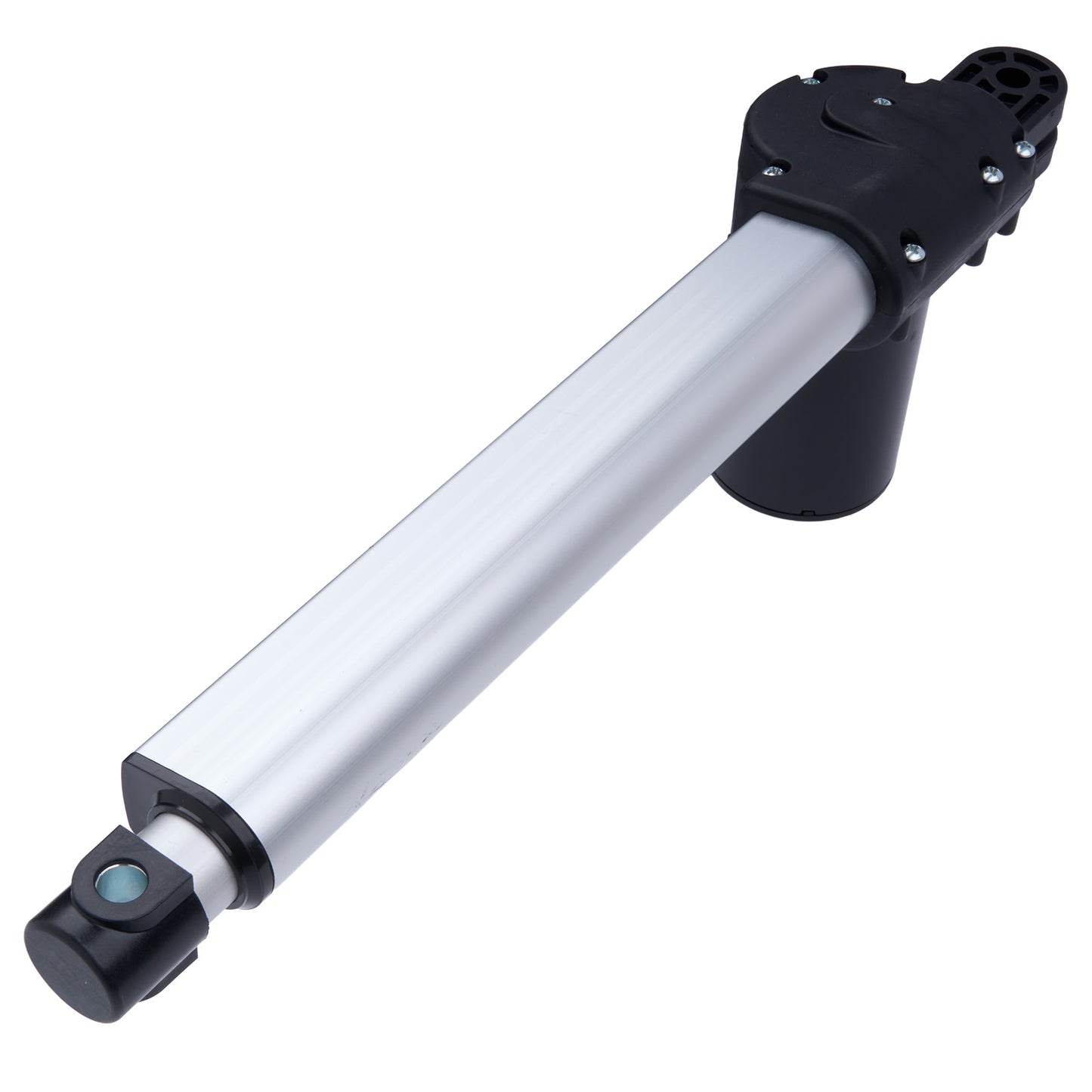 Linear actuator with black and white design on a white background