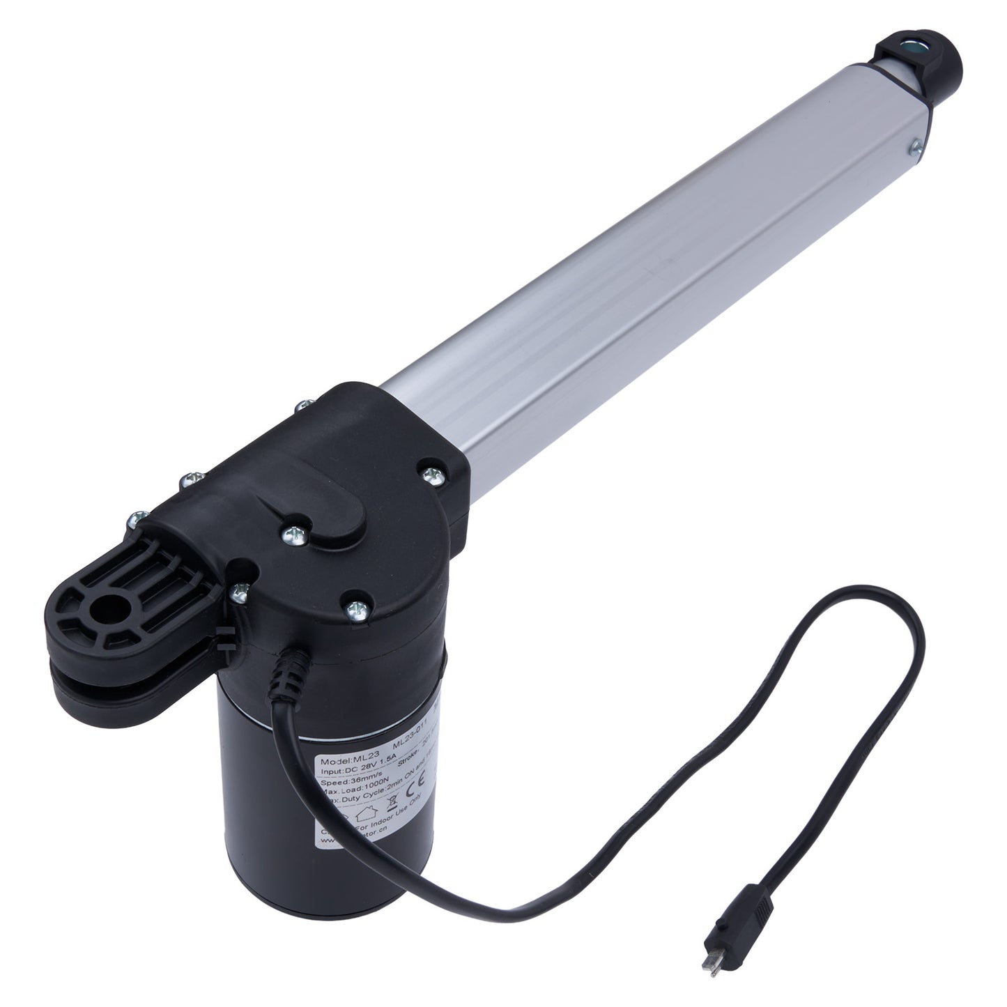 Electric actuator with a black cylindrical motor and white rod on a white background