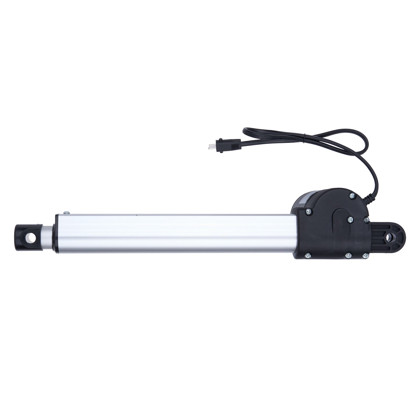 Linear actuator with black and white design on a white background