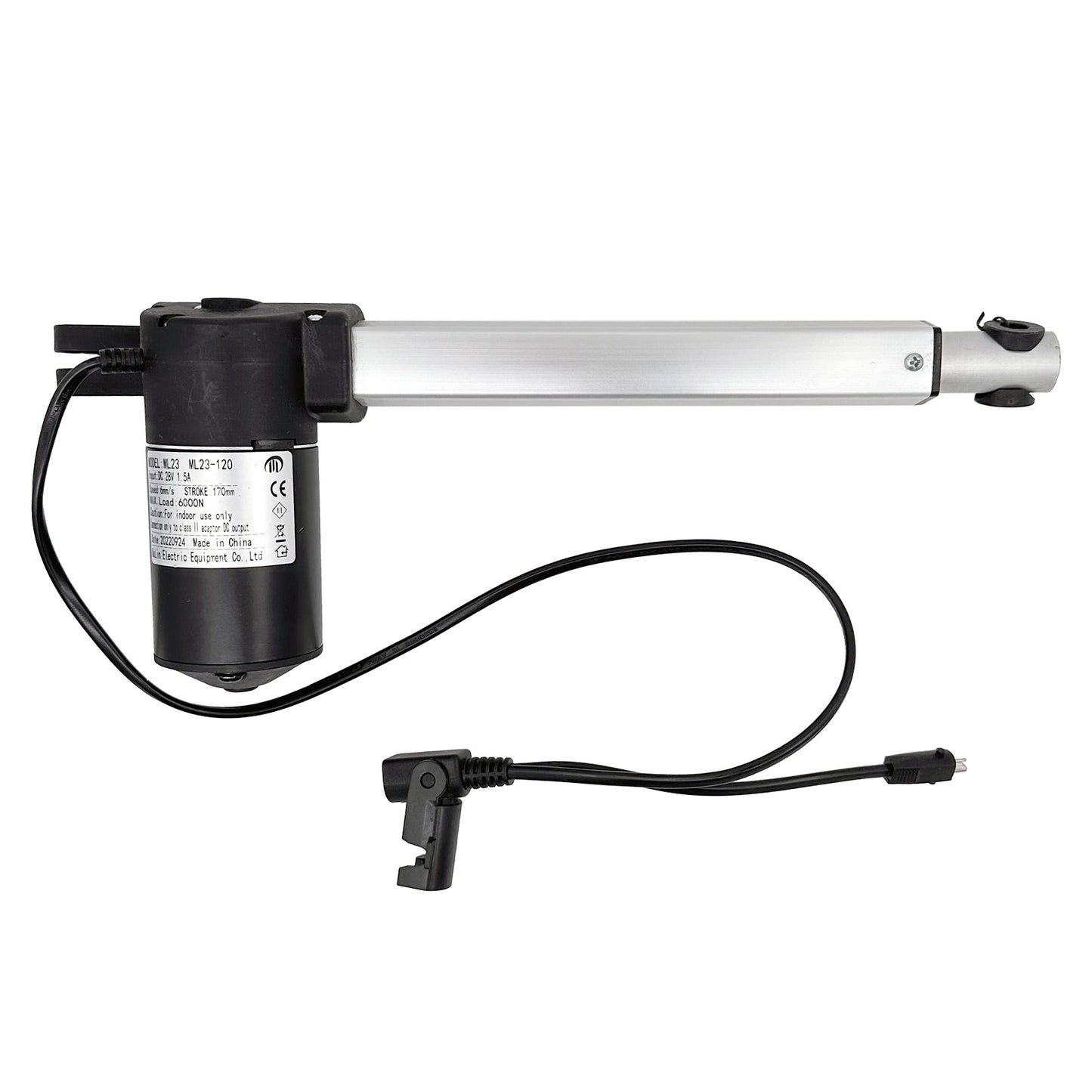 A black linear actuator with a silver shaft, electrical wiring, and connectors.