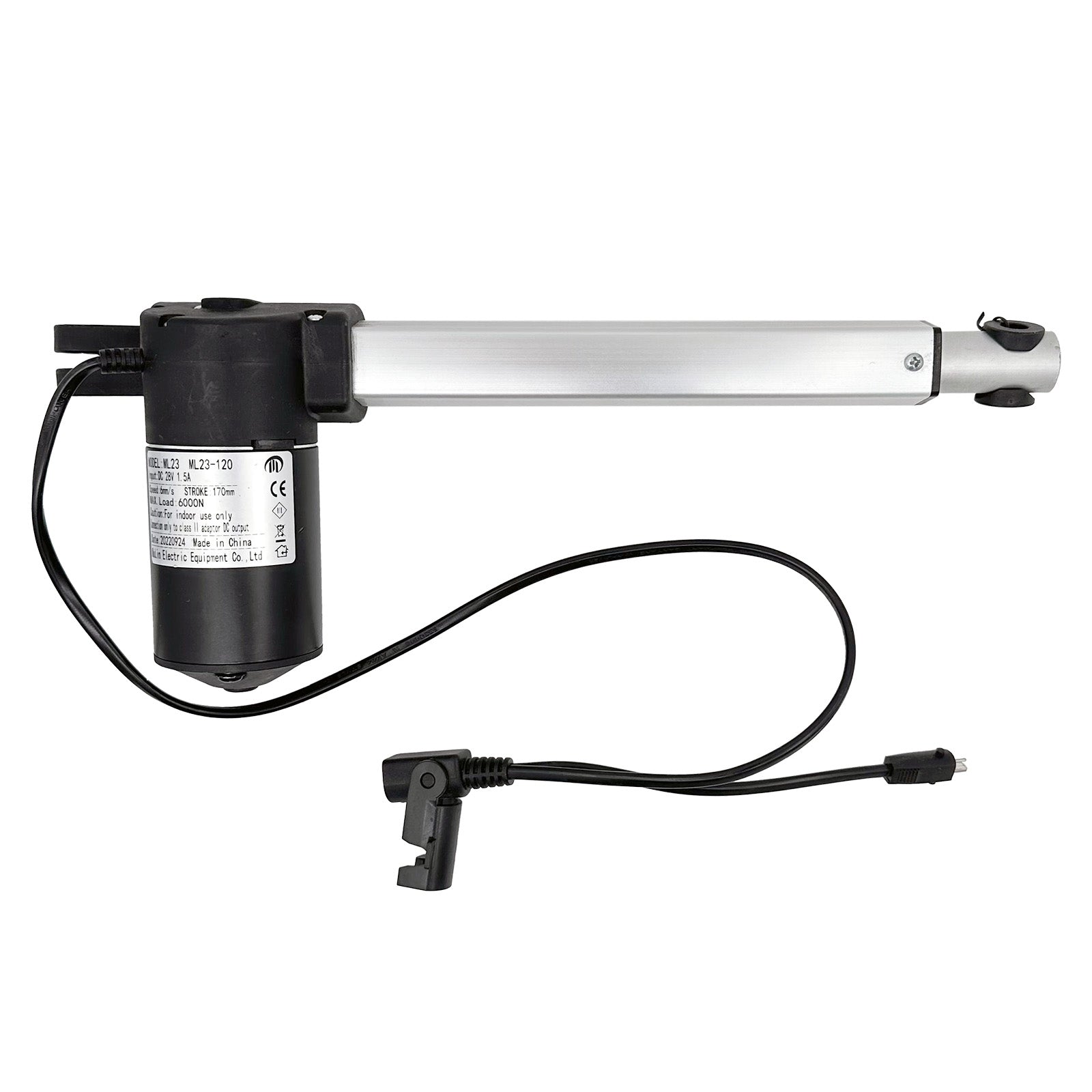 A black linear actuator with a silver shaft, electrical wiring, and connectors.