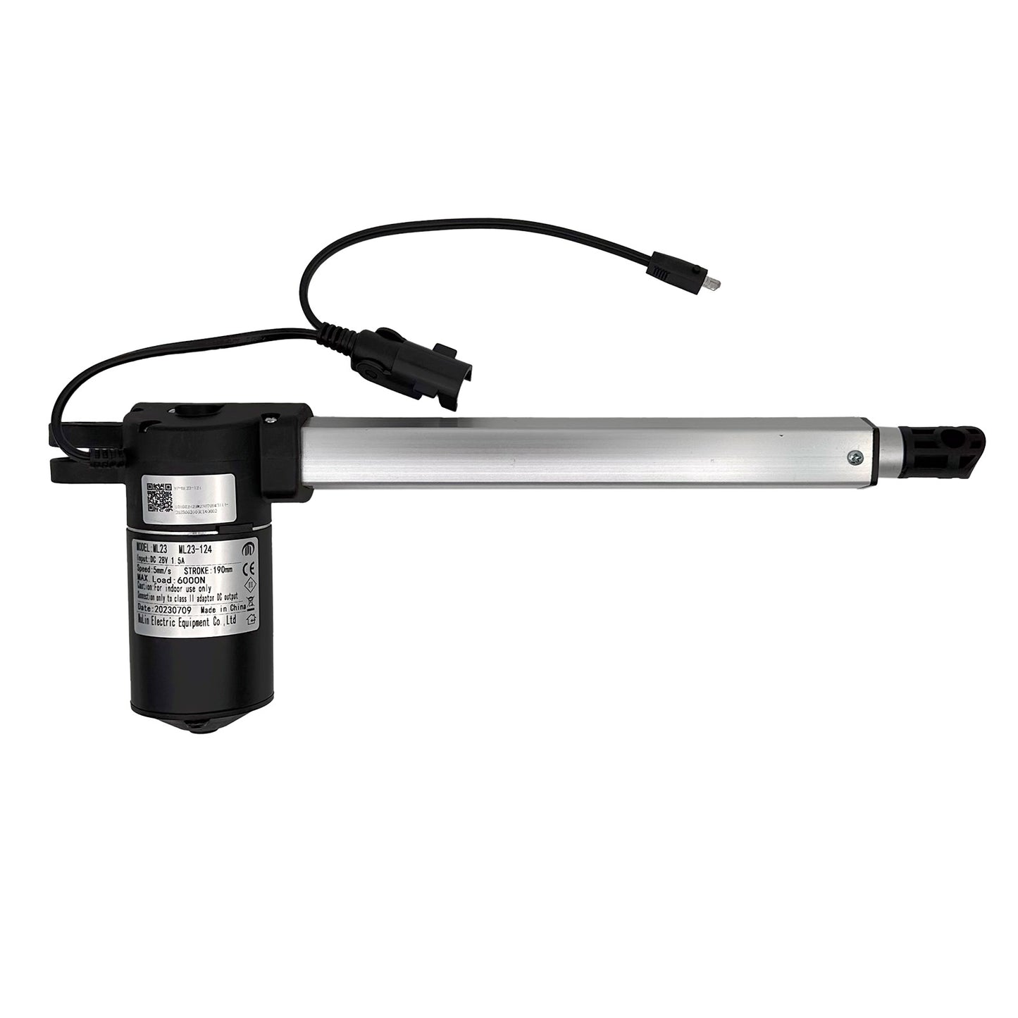 A MULIN ML23-124 linear actuator, with a silver shaft and black motor housing, equipped with two cables and plugs.
