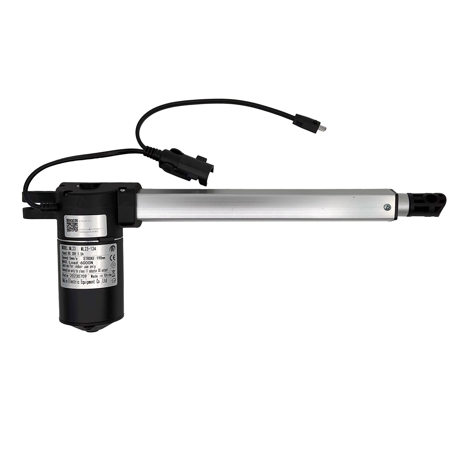 A MULIN ML23-124 linear actuator, with a silver shaft and black motor housing, equipped with two cables and plugs.
