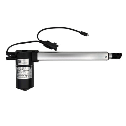 A MULIN ML23-124 linear actuator, with a silver shaft and black motor housing, equipped with two cables and plugs.
