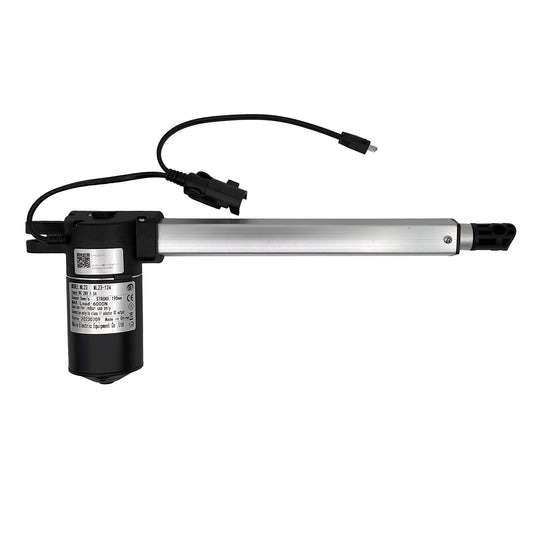 A MULIN ML23-124 linear actuator, with a silver shaft and black motor housing, equipped with two cables and plugs.