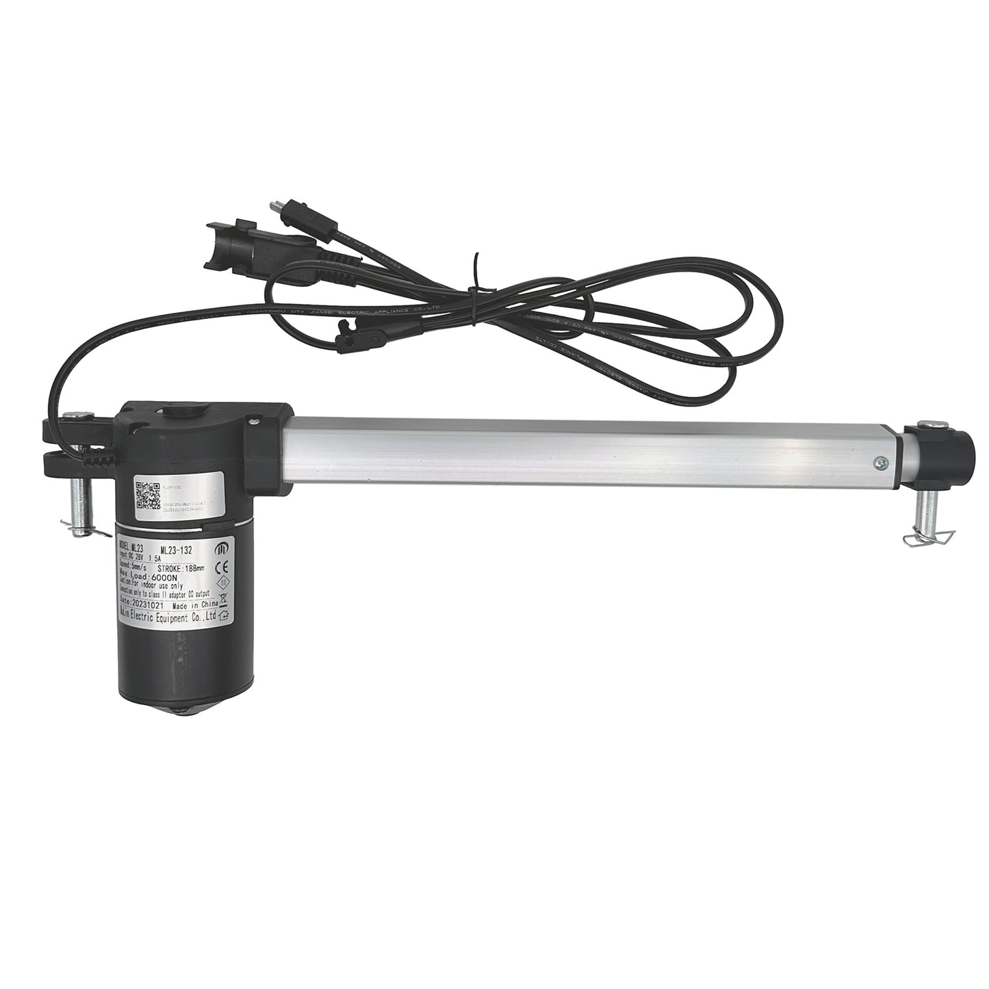 A MULIN ML23-132 linear actuator, with a black motor housing and a metallic actuator arm, connected to three cables and plugs.