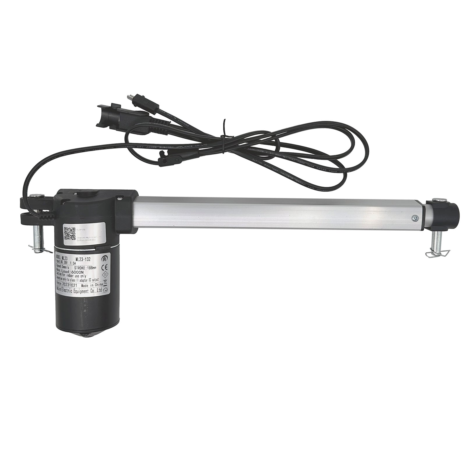 A MULIN ML23-132 linear actuator, with a black motor housing and a metallic actuator arm, connected to three cables and plugs.