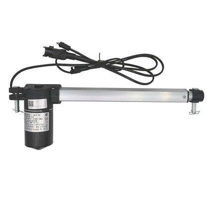 A MULIN ML23-132 linear actuator, with a black motor housing and a metallic actuator arm, connected to three cables and plugs.