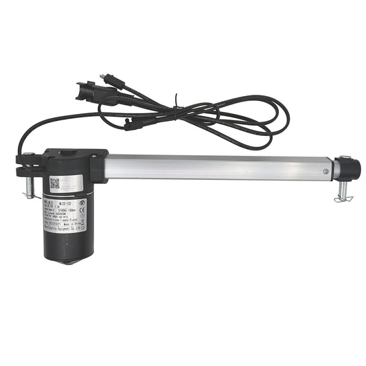 A MULIN ML23-132 linear actuator, with a black motor housing and a metallic actuator arm, connected to three cables and plugs.